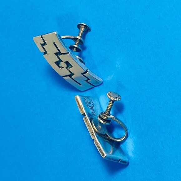 Vintage 925 Sterling Silver TAXCO Artisan Earrings Signed Screwback 40's Design - Picture 6 of 16